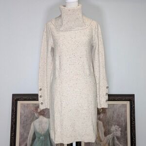 LOFT Women's Cream Speckled Turtleneck Long Sleeve Sweater Dress‎ Button Cuff S